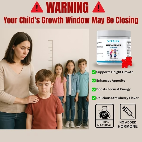 A 1:1 ratio ad creative featuring a concerned mother measuring her child, highlighting the urgency of growth windows for pediatric supplements.